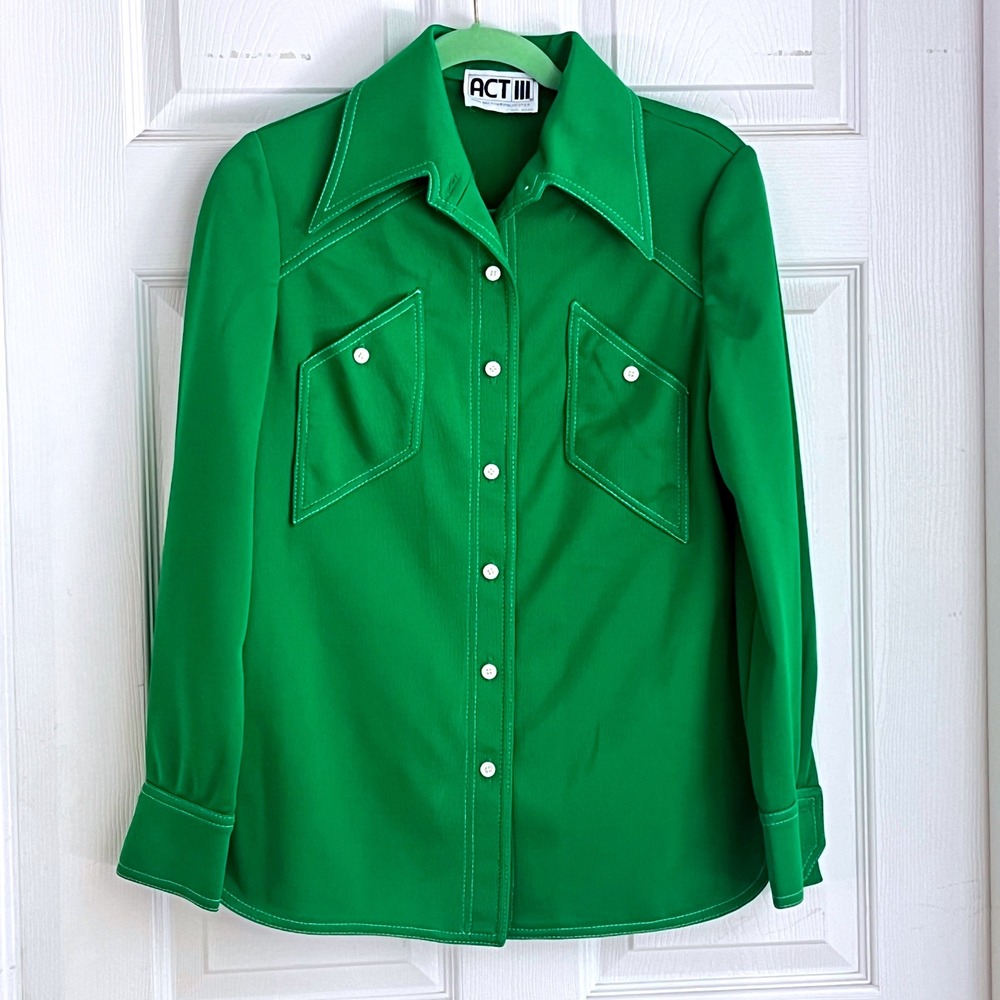 Act III Green Polyester Vtg 70s Button Down Shirt 12 Unisex Disco Retro Leisure
